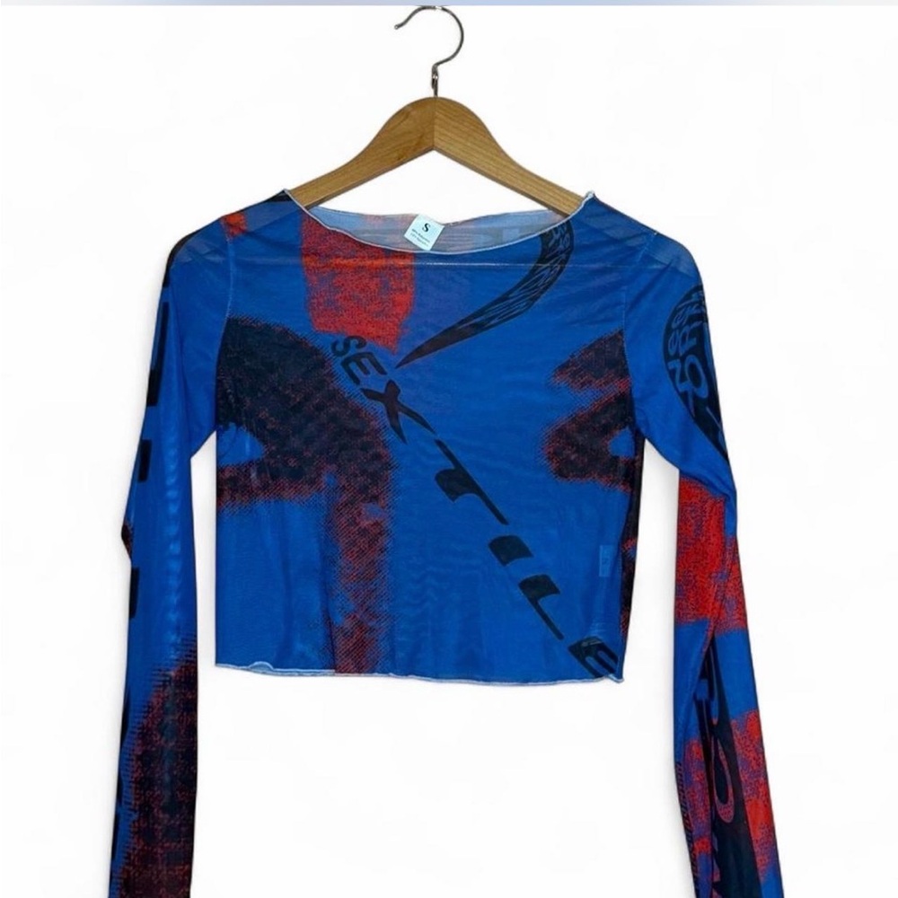 Blue Printed Long Sleeve Crop Top